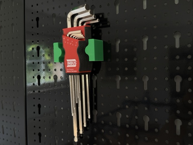 Hex key (Inbus) set mounted on a 45 mm Euro-hole tool panel