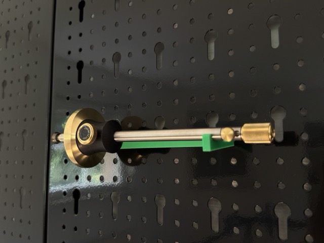Veritas wheel marking gauge mounted horizontally on a 45 mm Euro-hole tool panel