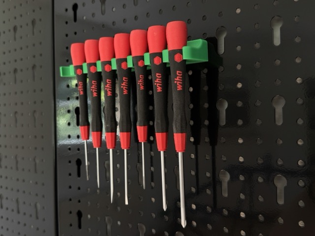 Wiha precision screwdrivers arranged on a 45 mm Euro-hole tool panel